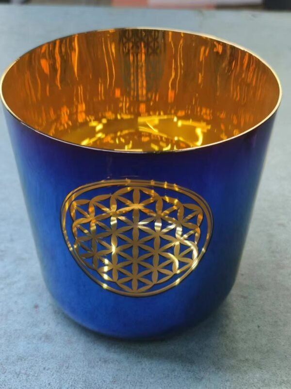 inner gold, outer rainbow with gold flower of life crystal singing bowl