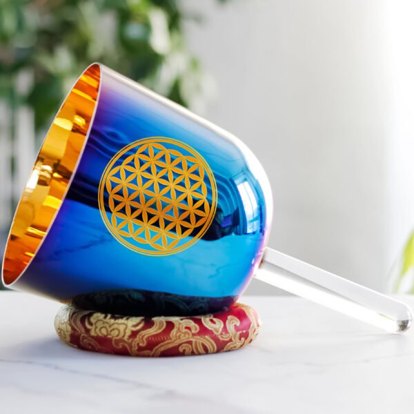 inner gold outer rainbow with gold flower of life handheld crystal singing bowl (practitioner)
