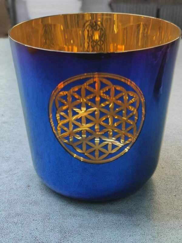 inner gold, outer rainbow with gold flower of life crystal singing bowl