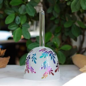 hazy handheld crystal singing bowl with iridescent applique design
