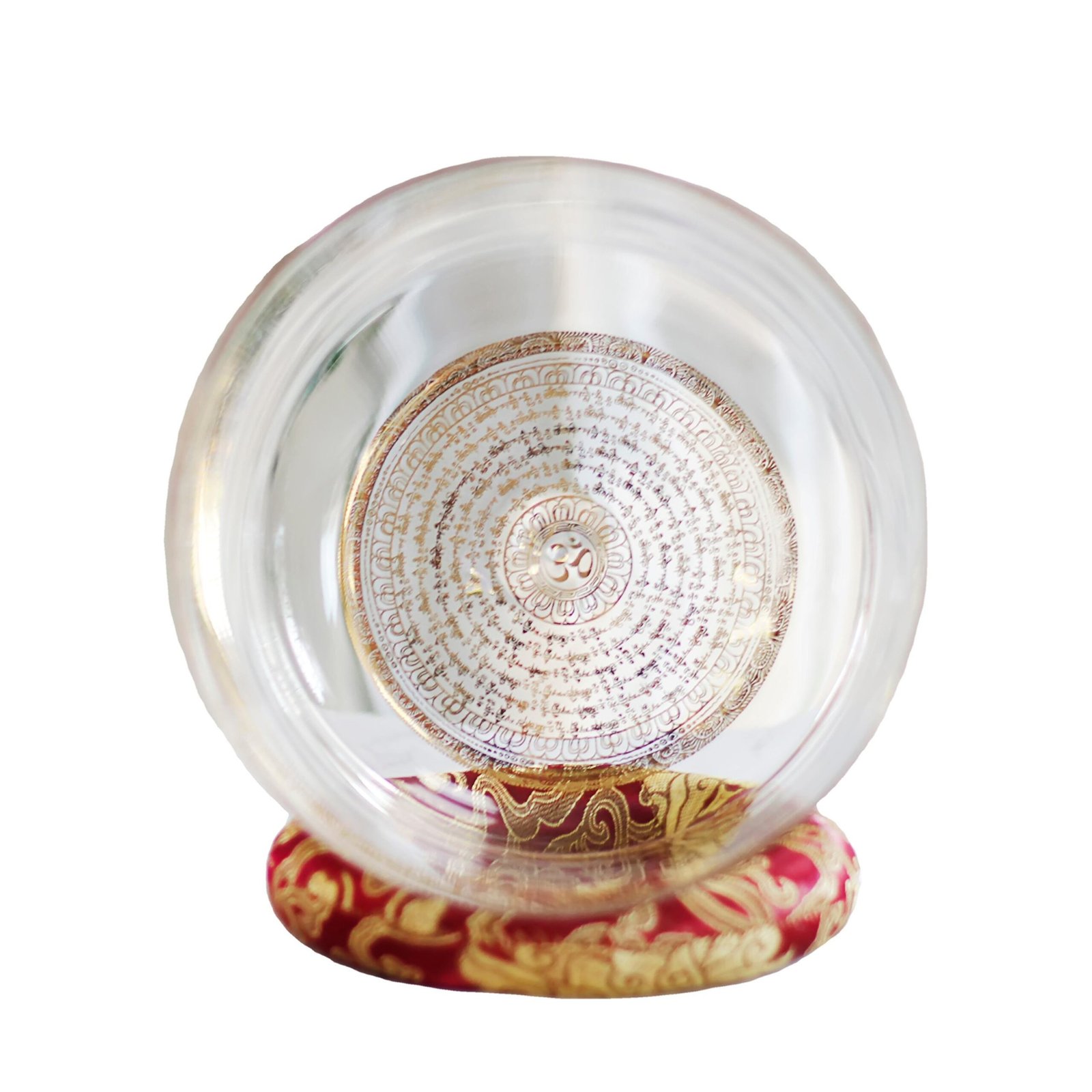 clear crystal singing bowl with gold buddhist mantra design