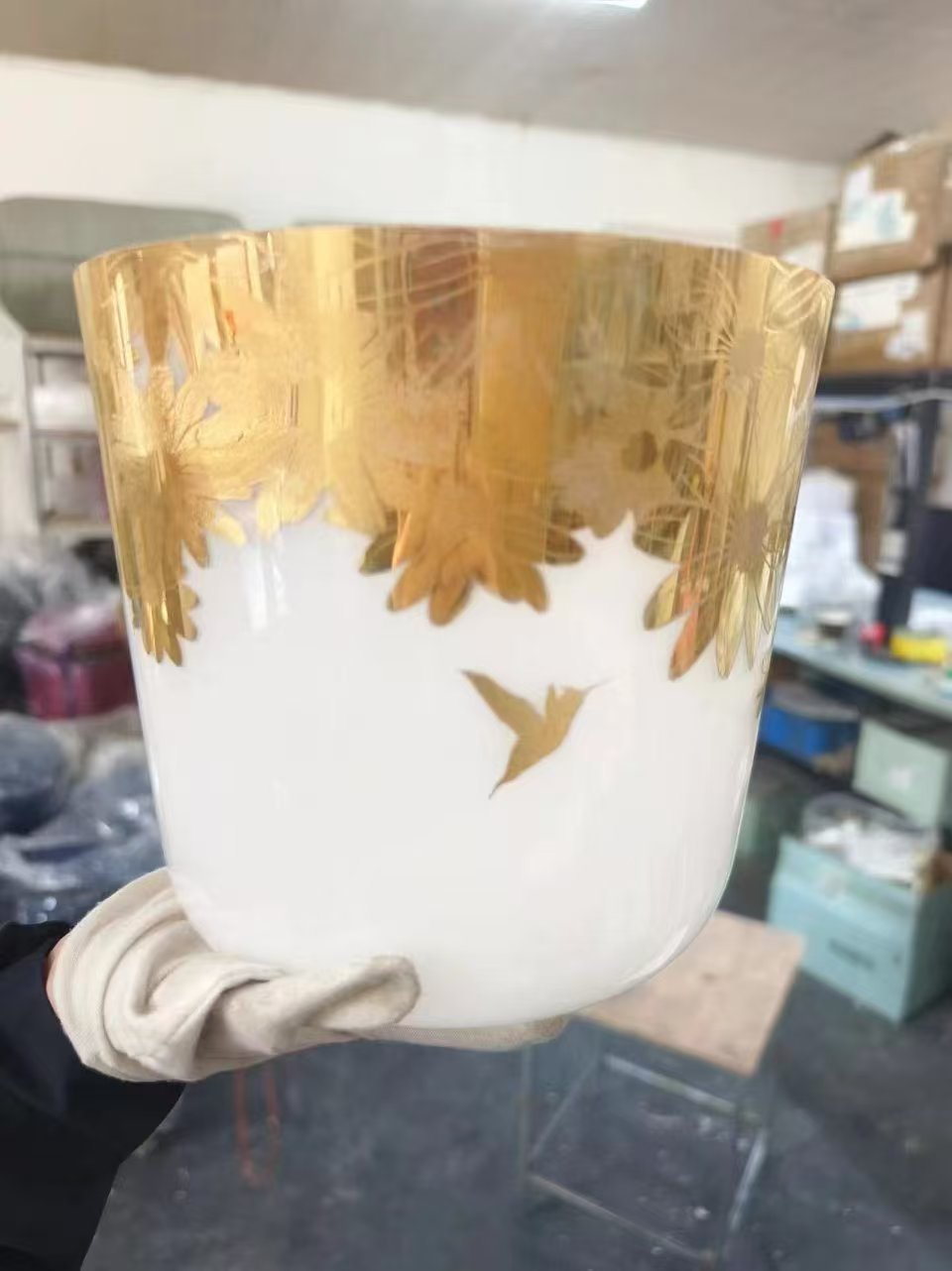 hazy crystal singing bowl with gold dra