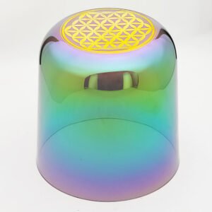 iridescent crystal singing bowl with gold flower of life drawing